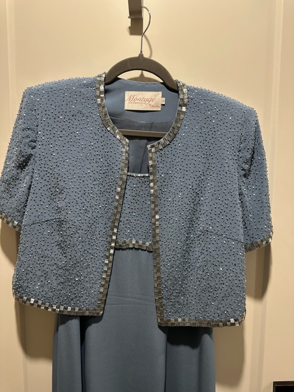 Montage by Mon Cheri Beaded Powder Blue Cropped Jacket and dress 👗.